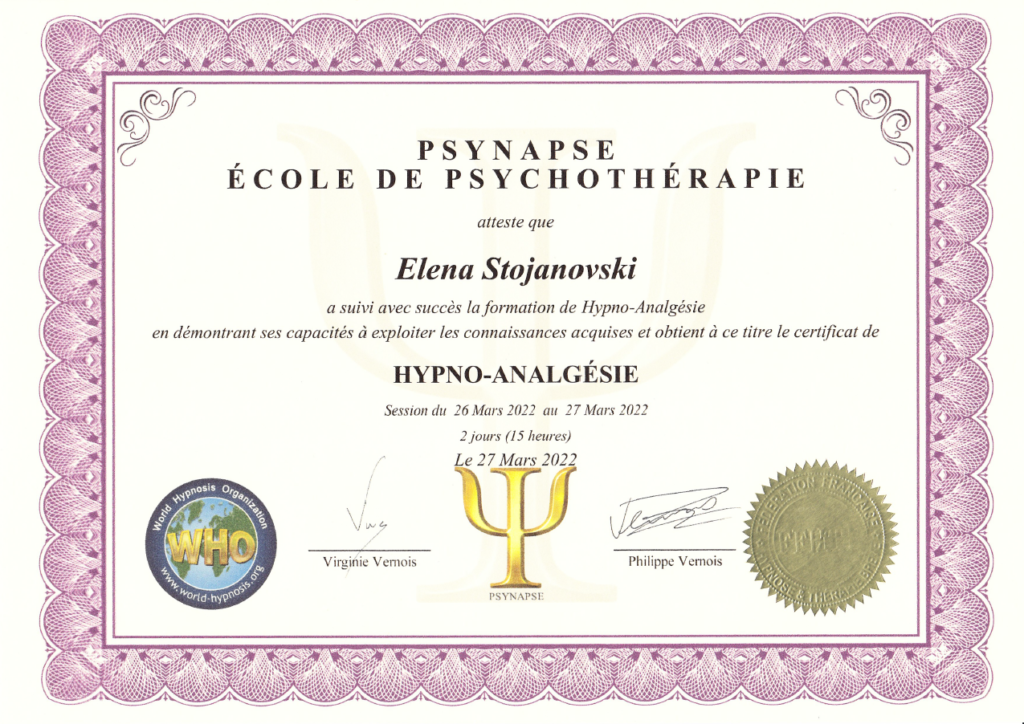 Diplôme Hypnose douleur - Elena Stojanovski