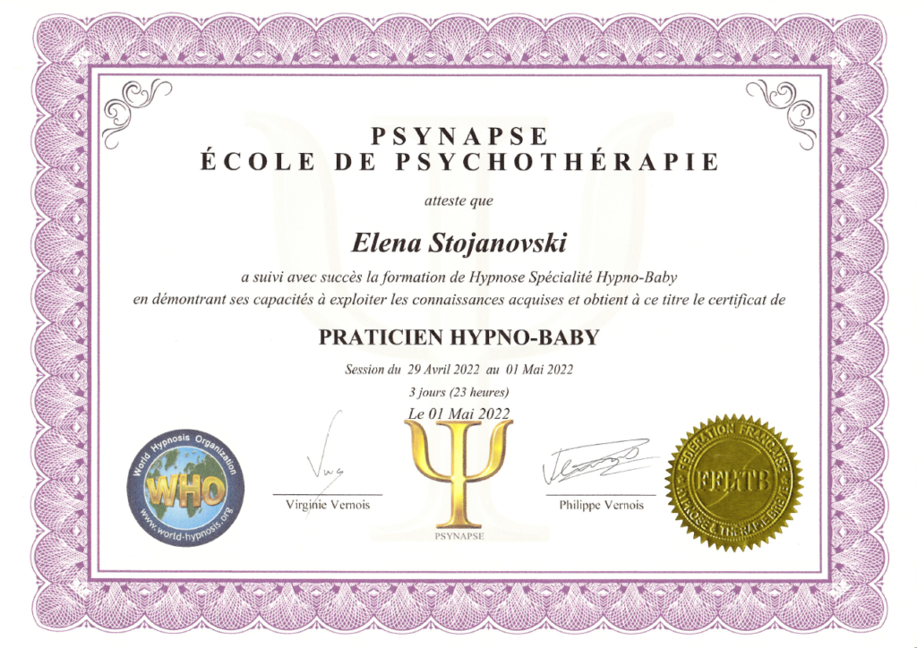 Diplôme Hypnose de la femme enceinte - Elena Stojanovski