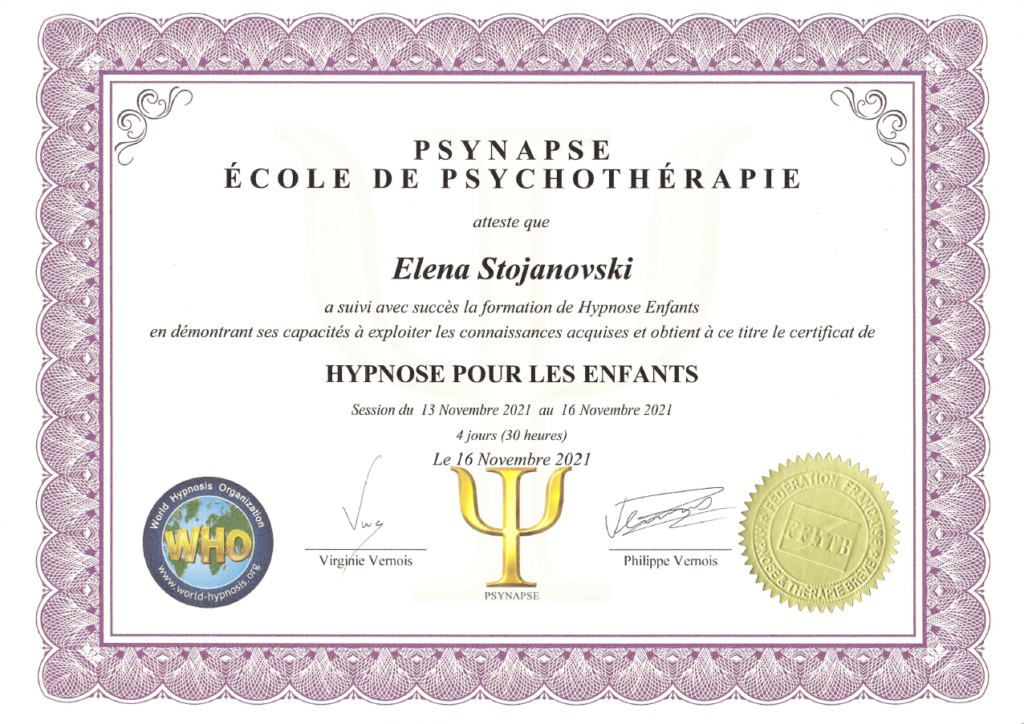 Diplôme Hypnose enfant - Elena Stojanovski