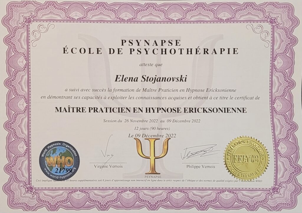 Diplôme Maître Praticien en Hypnose - Elena Stojanovski